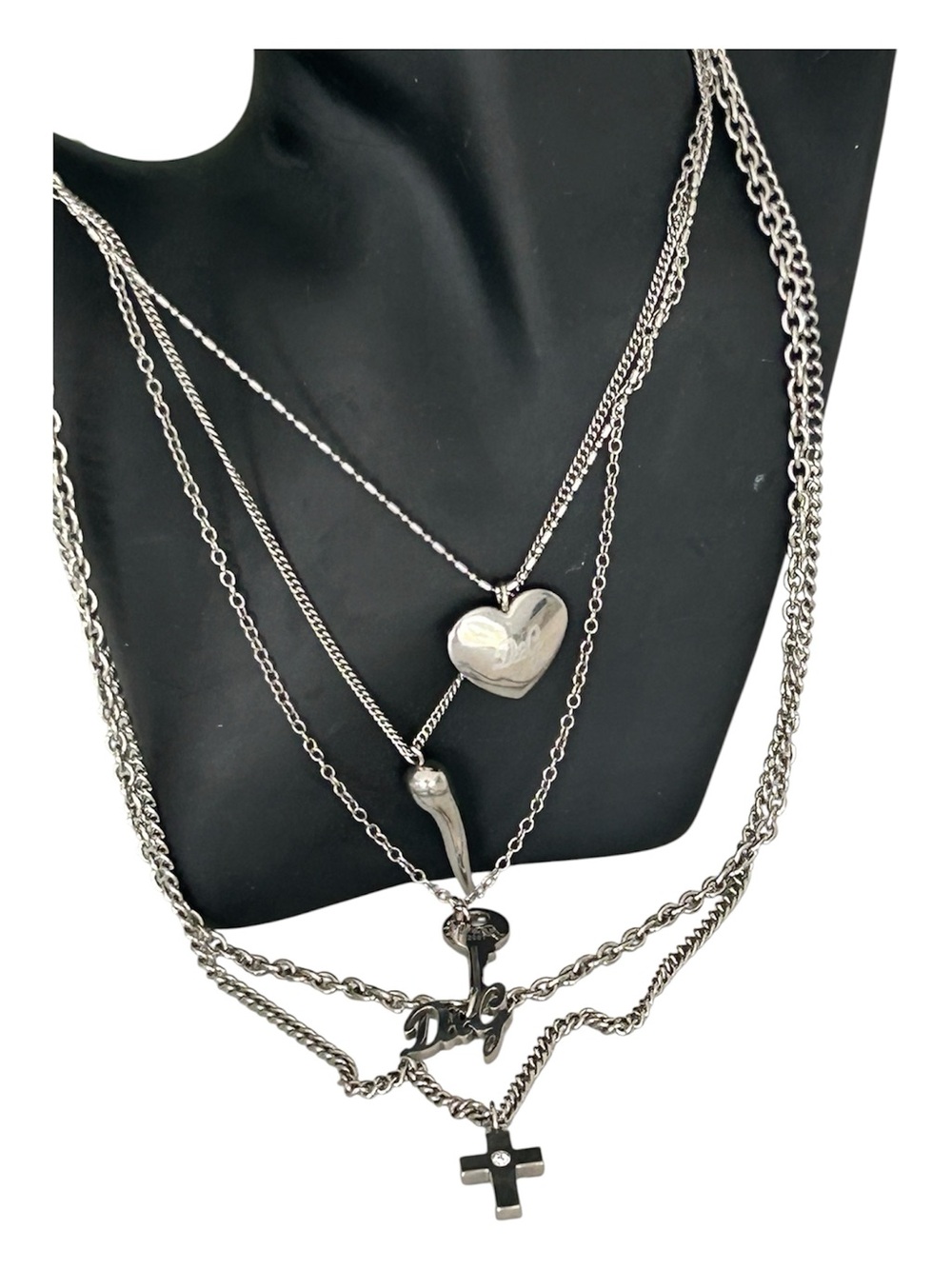 Vintage_Dolce & Gabbana Multi-Layer Silver Tone Necklace Set with Heart_Cross.